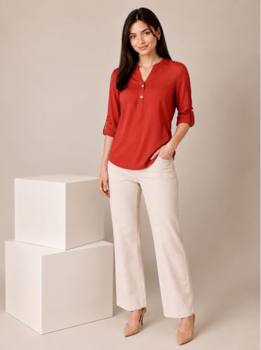 Image of FYLTR Women's Casual Roll -Up Sleeves Rayon V-Neck Top - Western Tops | Shirts for Women | Soft & Comfortable | Tops for Jeans
