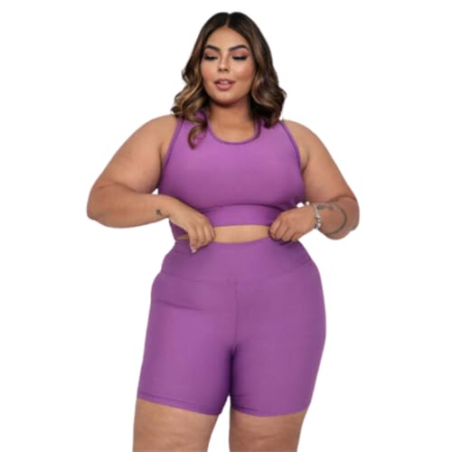Kit 3 Conjuntos Feminino Shorts Cós Alto + Top Nadador Suplex Plus Size(ROXO+PRETO+CINZA-G3)