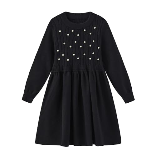 Girls Dress Sweater Long Sleeves Pearls Cable Knit Sweater Cute Winter Dresses