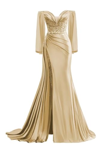 Long Sleeve Prom Dresses for Women Off Shoulder Satin Formal Dresses Mermaid Lace Applique Evening Gowns