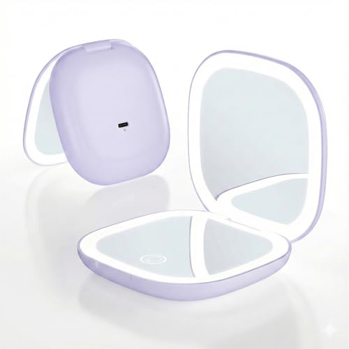 QUMOX 10X Magnifying Lighted Makeup Compact Mirror, Rechargeable Travel Mirror with LED Light, 3 Color Modes, Dimmable Touch, USB-C Portable Cosmetic Mirror