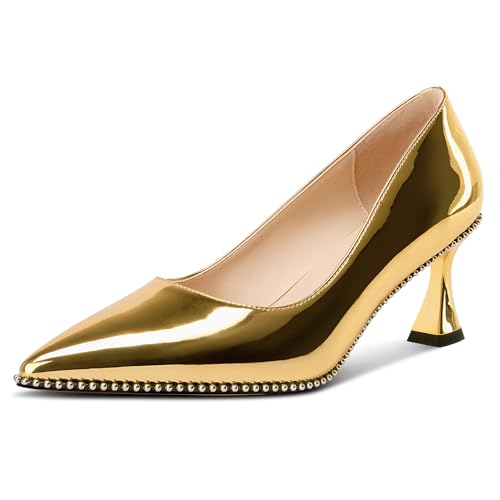 Image of TNYNFBEB Womens Kitten Heel Pointed Toe Pumps Slip-on Sliver Beaded Prom Wedding Dress Basic Classic Patent Leather Summer 2.6 Inches Heels