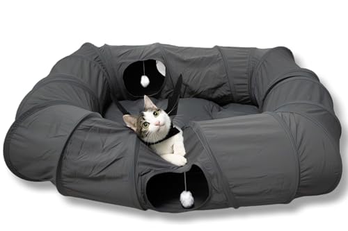 XxingSheep 4 Ways Shuttled XL Cat Tunnel Bed for Indoor Cats Peekaboo Cat Cave Donut with Cool Mat (Dark Gray)