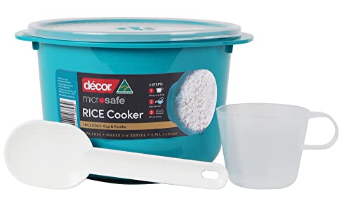 Décor Microwave Rice Cooker Makes 1-4 cups each time comes with measuring cup and rice paddle. Stay cool handles and steam release vent. Dishwasher and freezer safe. BPA Free 2.75L Capacity Teal