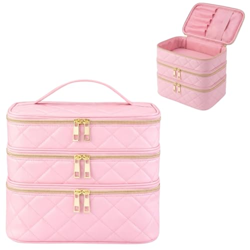 Image of Handcuffs Cosmetic Bag for Women 3-Layer Zipper Makeup Organizer with Carry Handle for Travel & Home | Multipurpose Vanity Box for Toiletries Make Up Accessories Brushes & Cosmetics (Pink)