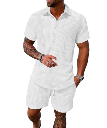 UOUA Summer Outfits for Men 2 Piece Short Sleeve Button Down Shirt & Shorts Set Casual Vacation Beach Tracksuit White 3XL