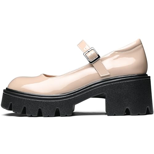 Elvora Women's Mary Jane Shoes - Platform Mary Janes for Women, Nude Leather Round Toe Chunky Dress Shoes with Adjustable Ankle Strap — view 5