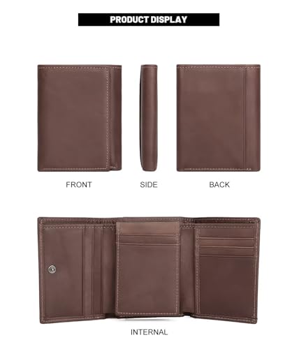 Genuine Leather Short Trifold Wallet for Men, RFID Blocking, Snap Closure. 11 Card Slots, 2 ID Windows. Brown2
