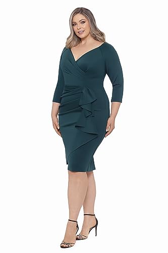 Image of Xscape Women's Plus Size Midi V-Neck 3 /4 Sleeve Side Ruched Dress, Hunter, 20W