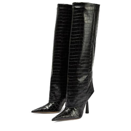 Image of Goolita Fold Over Boots For Women, Pointed Toe Stiletto Heel Knee High Boots Fashion Comfortable Slip On Tall Boots
