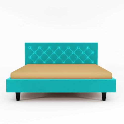 Image of Wooden Modern Upholstered King Size Bed for Bedroom | Wooden Double Bed Without Storage | Platform Cot Upholstered Bed with Upholstery Fabric | Engineered Wood | 6.5 x 6 Ft | Sky Blue