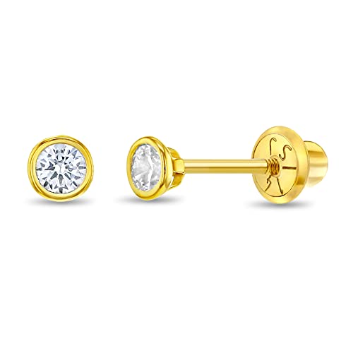 14k Yellow Gold Tiny 3-4mm Bezel Set Solitaire CZ Screw Back Earrings for Young Girls - Size Small Round Screw Backs for Babies, Infants & Toddlers