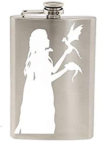 Game of Thrones Inspired Targaryen Khaleesi Mother of Dragons Art 8 OZ Hand-made Etched Stainless Steel Hip Flask with Funnel