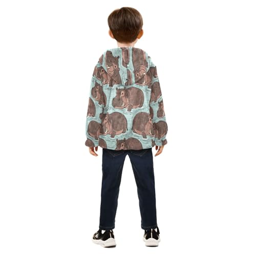 Hippo Pattern Print on Fabric Toddler Fleece Jacket Girl Boys Hooded Fleece Jacket Coat Warm Outwear Zip-up 3-10T4