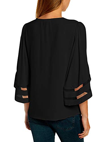 Vetinee Women's Black 3/4 Bell Sleeve Shirt Mesh Panel Blouse V Neck Casual Loose Tops Large (US 12-14)