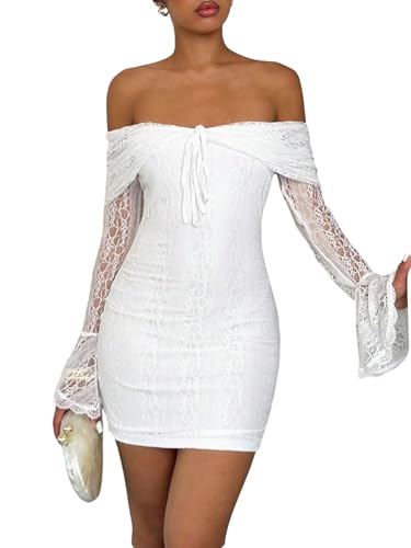 SweatyRocks Spitzenkleid Damen Festlich Kurz Hochzeitsgast Kleid Off Shoulder Minikleid Langarm Herbstkleid Mit Spitze Partykleid Elegante Kleider...