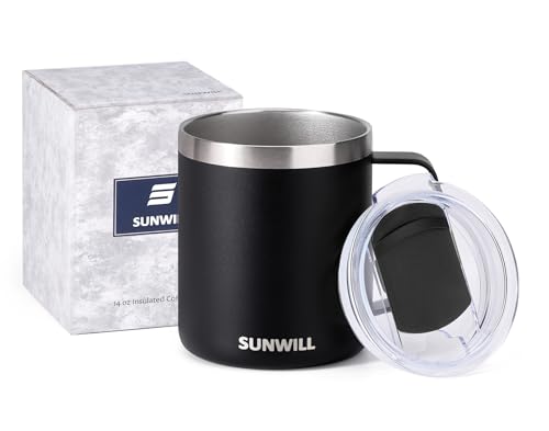 Image of SUNWILL Travel Coffee Mug with Lid, Insulated Tumbler with Handle, 14oz Stainless Steel Cup for Camping, Outdoor, Powder Coated Black