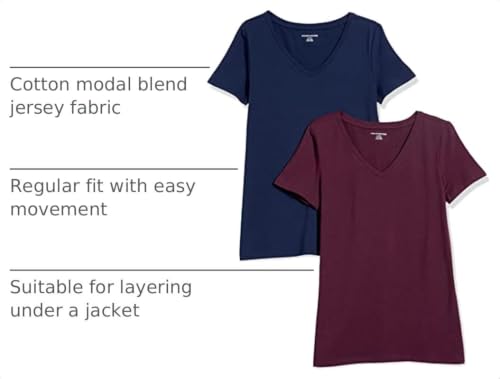 Image of Amazon Essentials Women's Regular-Fit Short-Sleeve V-Neck T-Shirt, Pack of 2