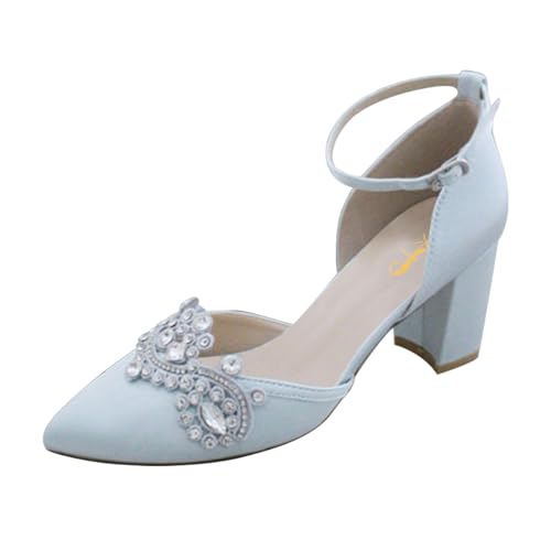 XYD Womens Closed Pointed Toe Bridal D'Orsay Pumps Crystal Block Low Heels Classy Ankle Strap Wedding Dress Shoes