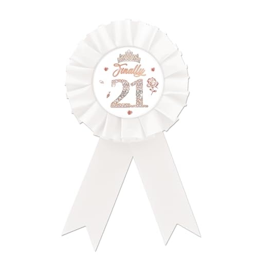 Image of Finally 21 Tinplate Badge, Happy 21st Birthday Button, Rose Gold Crown Badge Pin for Women, Diamond Brooch Buttons for Twenty One Birthday Party