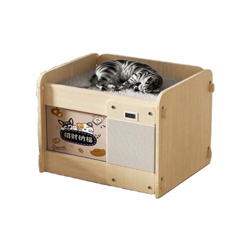 【猫用ハウス】木製フレームでしっかり耐久!多頭飼い対応 冬でも暖かい保温設計 温度表示モニター付き おしゃれな剣麻爪とぎ付き 室内猫の寒さ対策に (中サイズ(5kg未満の猫に適しています))