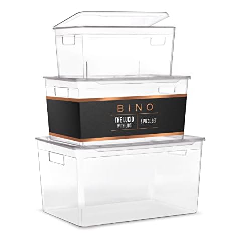 BINO 3-Piece Plastic Organizer Bins with Lids Set - Clear | THE LUCID COLLECTION | Stackable Storage Organizer | Office Kitchen & Bedroom Organizer | Bin Organizer for Clothing Books Makeup & Toys Cover