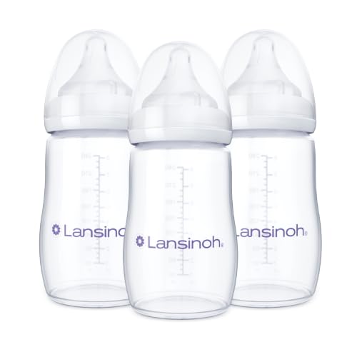 Image of Lansinoh Anti-Colic Baby Bottles, 8 Ounce, 3 Count | Medium Flow Nipples (M), Breastfeeding Bottle with NaturalWave Design, BPA-Free Plastic, Baby Essentials