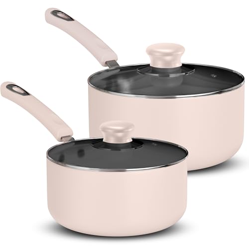 Image of Utopia Kitchen Nonstick Stock Pot Saucepan Set with Lids, 1 Quart and 2 Quarts Multipurpose Stock Pots Set for Home, Kitchen or Restaurant, Pink & Black