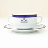 Juego de boles consomé de porcelana blanca (24 piezas) Duisburg, 12 boles consomé con asas (55 cl), 12 platillos para tazas, azul cobalto y filo de oro