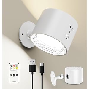 JESLED Lampada da parete a LED, Ruotabile a 360° Magnetica Lampada Senza Fili, Applique da parete Controllo touch Bianco, 5 Livelli di Luminosità 3 Colore, Lampada da Muro per Camera, Soggiorno
