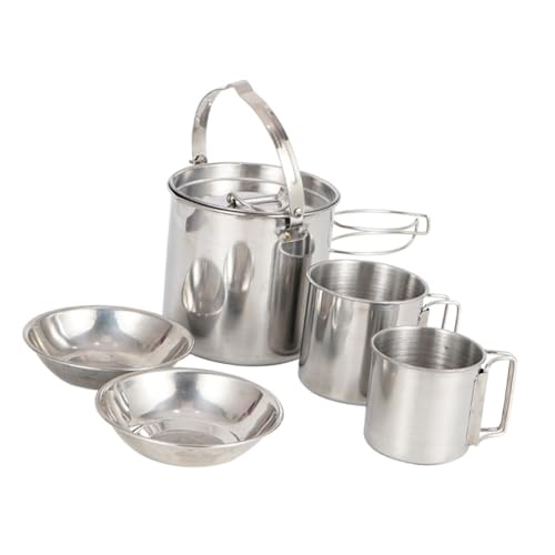 Ensemble cuisine camping acier inoxydable 5 pièces avec bouilloire pliable