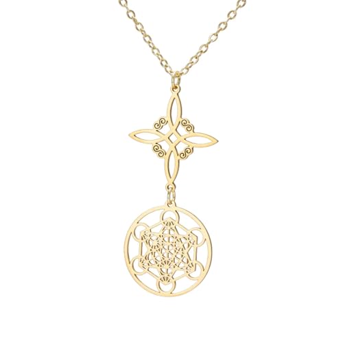 EUEAVAN Collier Metatron Cube Witch Knot Pendentif celtique Triquetra Trinity Nudo De Bruja Sacred Geometry Wiccan Sceaux de l'archange Talisman Bijoux Cadeaux irlandais pour femmes (or 2)