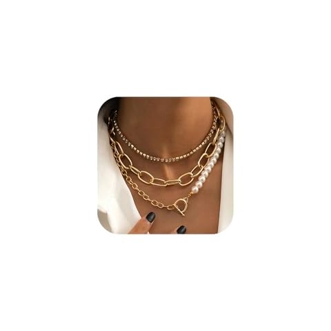 fxmimior Women Multilayer Silver Gold Dainty Pearls Layered Choker Necklaces Handmade Beads Fashion Chunky Pendant Multilayer Adjustable Layering Chain Gold Plated Necklaces Set for Women(Gold) Cover