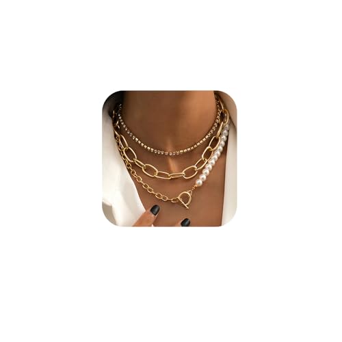 fxmimior Women Multilayer Silver Gold Dainty Pearls Layered Choker Necklaces Handmade Beads Fashion Chunky Pendant Multilayer Adjustable Layering Chain Gold Plated Necklaces Set for Women(Gold)