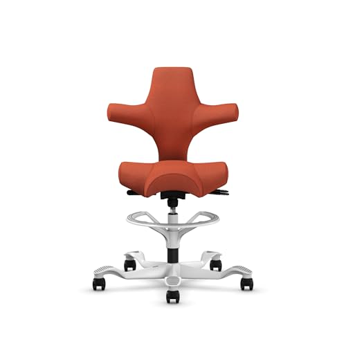 Image of HAG Capisco Sit to Stand Chair-White Frame-Upholstered Burnt Red-with Foot Ring
