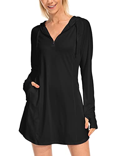 Women Beach Cover Up Long Sleeve Dresses Upf 50+ Shirts Sun Protection Zip Hoodie With Pockets Thumbholes Black Xl New #TOP21