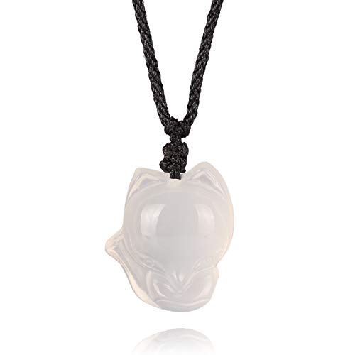 MATT HANN Natural Stone Fox Gem Pendant Necklace Original Handmade Grouding Stone (White Calcedony Mini Fox)