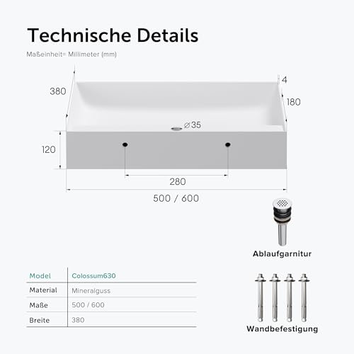 doporro Waschbecken Aufsatzwaschbecken Hängewaschbecken aus Mineralguss BTH: 60×38×12cm Waschplätze in matt Weiß inkl. Ablaufgarnitur Colossum630