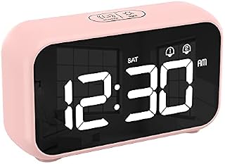 CHEREEKI Alarm Clock, Digital Clock with Nap Timer, Snooze, USB Powered Clock with Dual Alarms for Bedroom, Bedside, Office& Travel (Pink)