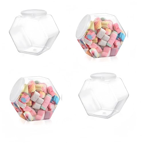 Tarros de caramelos de plástico con tapas, 4 unidades de tarros de caramelos hexagonales, de plástico, con tapa, recipiente para alimentos de boca ancha, recipiente para alimentos reutilizable