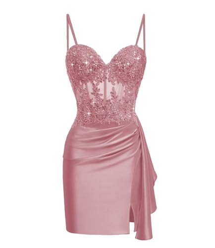 Miao Duo Teens Lace Appliqued Satin Short Tight Homecoming Dresses Spaghetti Strap Mini Cocktail Party Dress YZTS1143