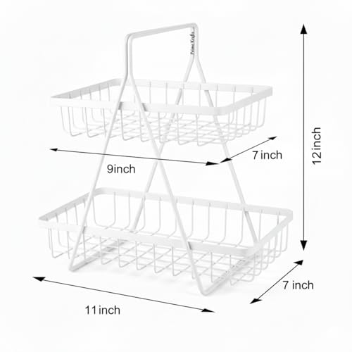 Image of 2 Tier Metal Fruit and Vegetables Basket with Handle | Fruit Vegetables Snacks and Bread Organizer for Kitchen, Dining Table, Livingroom | Bathroom Countertop Stand (Design 2 - White)