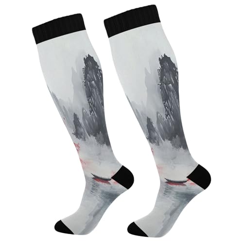 Burbuja Chinese Ink Painting Compression Socks for Women Men (20-30mmHg), Knee High Socks Circulation Support for Sport Running Hiking Nurse, 1 Pair