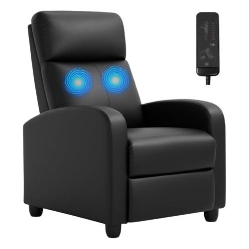 Image of PayLessHere Recliner Chair Single Reclining Sofa Home Theater Seating with Lumbar Support and Padded Backrest for Living Room and Bedroom (Leather, Black-Massage)