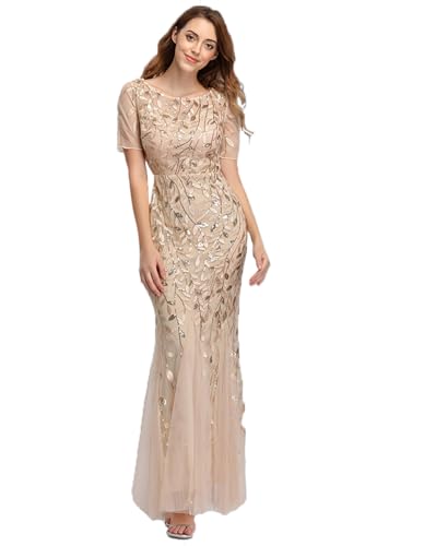 Women's Formal Dress Illusion Short Sleeve Crew Neck Sequin Embroidery Tulle Mermaid Evening Dresses