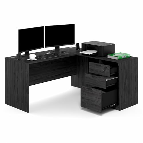 Image of Furinno Roger 60 Inch L-Shaped Executive Desk with File Cabinet, L-Shaped Office Desk with 3-Drawer Fixed Pedestal Filing Cabinet, Desk Cord Grommet, for Home Office, Coastal Grey
