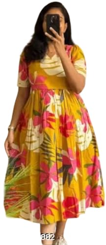 Image of Yellow Floral Print Midi Dress and Kurta, Short Sleeve Fit and Flare Summer Kurta with Gathered Waist
