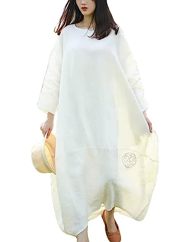 LZJN Damen Vollfigur Maxi Lang Leinen Kleid Handbestickt Langarm Übergröße Kaftan Kleid, Weiss/opulenter Garten, Einheitsgröße
