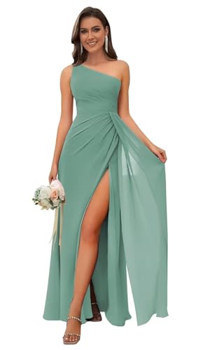 Image of Bolodoo One Shoulder Bridesmaid Dresses for Women Ruched Chiffon A Line Evening Formal Gown with Slit