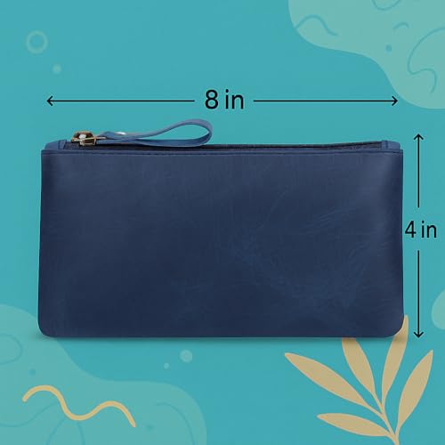 Image of Blue Leather Pencil Pouch with Zipper - Slim Pen Holder (8 inch x 4 inch Inches), Coin Pouch & Cash Holder, Genuine Leather Pencil Case, Money Organizer, Multipurpose Accessory Case for Men & Women